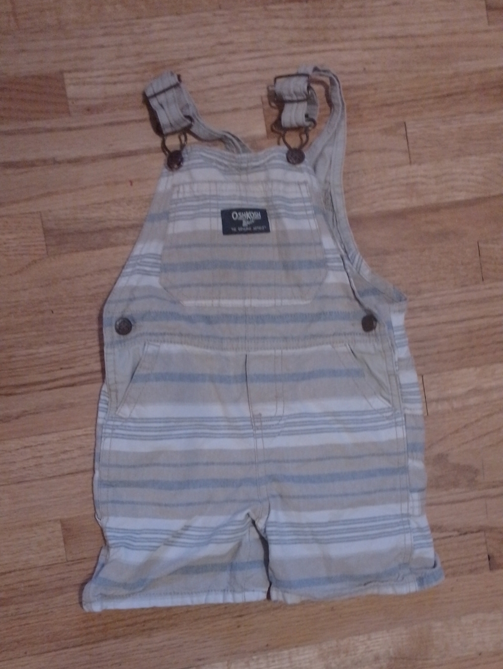OshKosh B'gosh Beige and Light Blue Striped Short Overalls